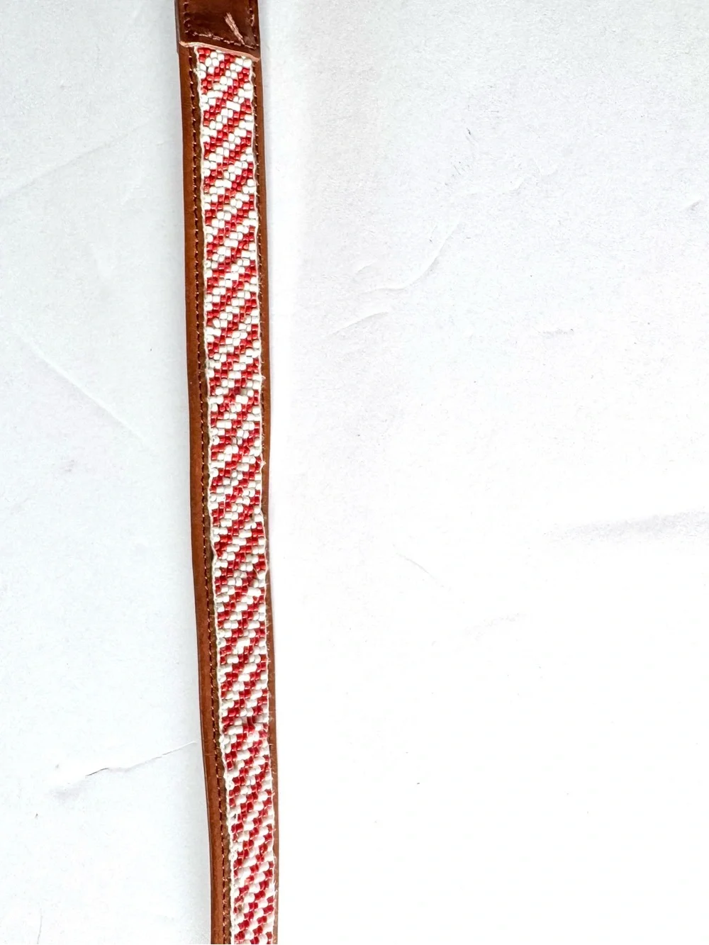 Tory Burch Cognac Leather Beaded Belt with Red and White Beads with TT Buckle XS